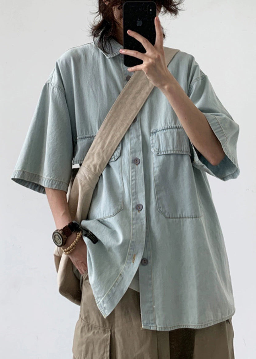 Chemises d'été légères en denim pour hommes, poches amples, bleu