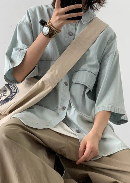 Chemises d'été légères en denim pour hommes, poches amples, bleu
