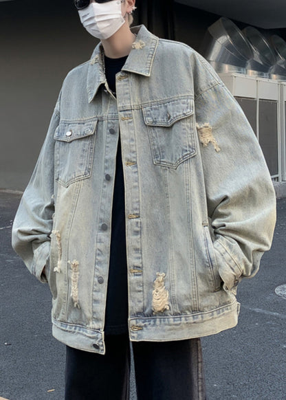 Herren Pan Hole Peter Coats Kragen Light Loose Denim Blau Taschen