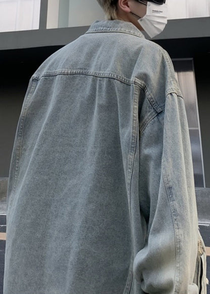 Herren Pan Hole Peter Coats Kragen Light Loose Denim Blau Taschen