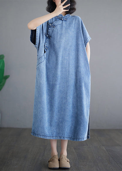 Kleider Denim Ärmel Lose Leichte Stand Maxi Kragen Blau Kurz