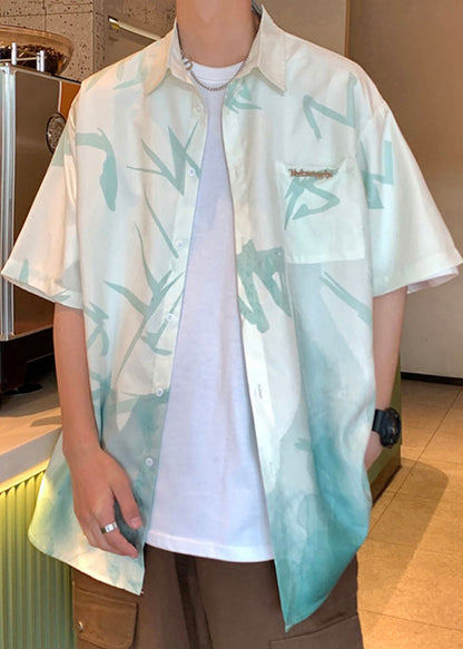 Chemises à boutons vertes pour hommes, dégradé de couleur, imprimé clair, soie, ample