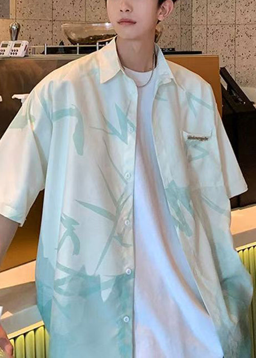 Chemises à boutons vertes pour hommes, dégradé de couleur, imprimé clair, soie, ample