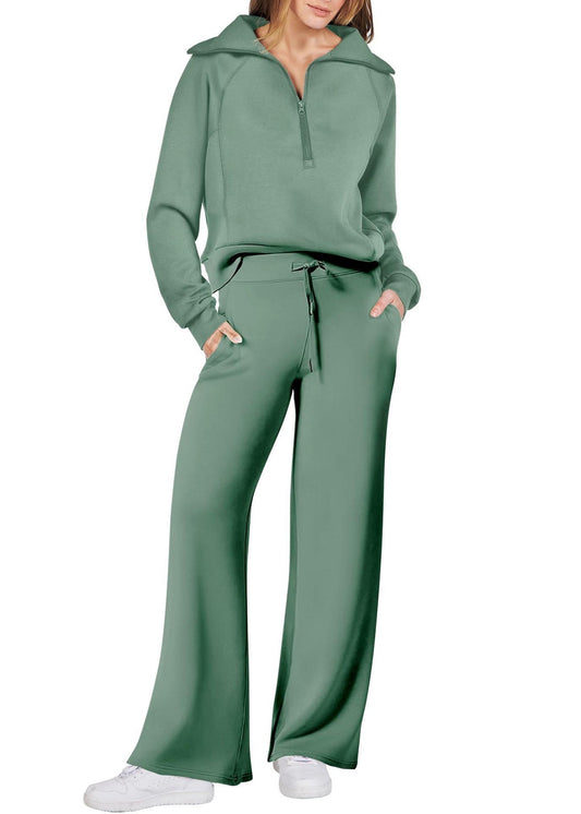 Pantalon ample en coton léger avec fermeture éclair et jambes larges, deux pantalons verts unis