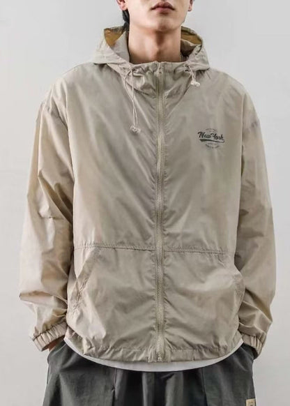 Light Drawstring Hooded Loose Ice Coats Silk Khaki Print Mens