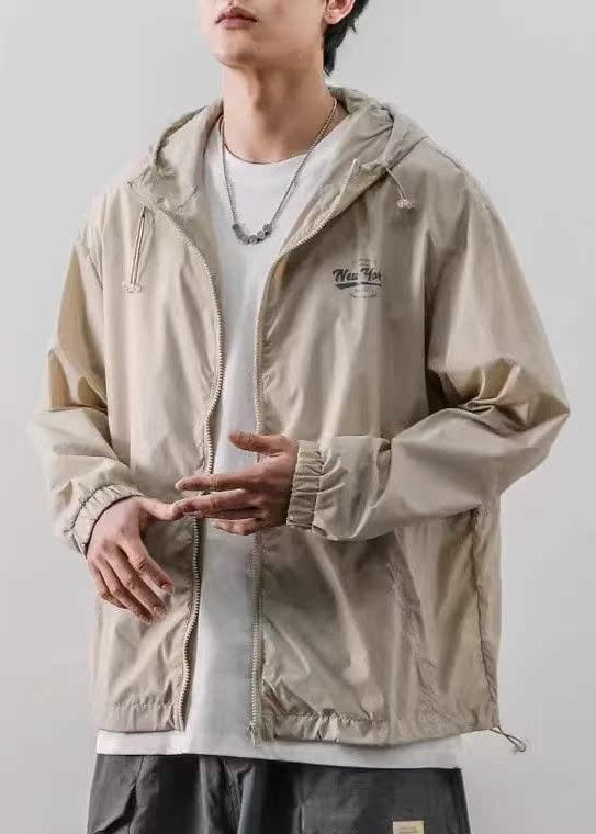 Light Drawstring Hooded Loose Ice Coats Silk Khaki Print Mens