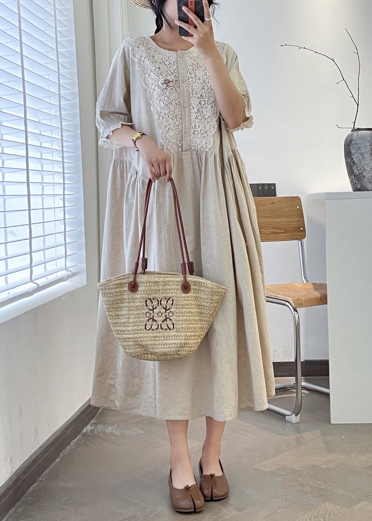 Loose Linen O Neck Lace Patchwork Linen Long Dresses Summer GG049