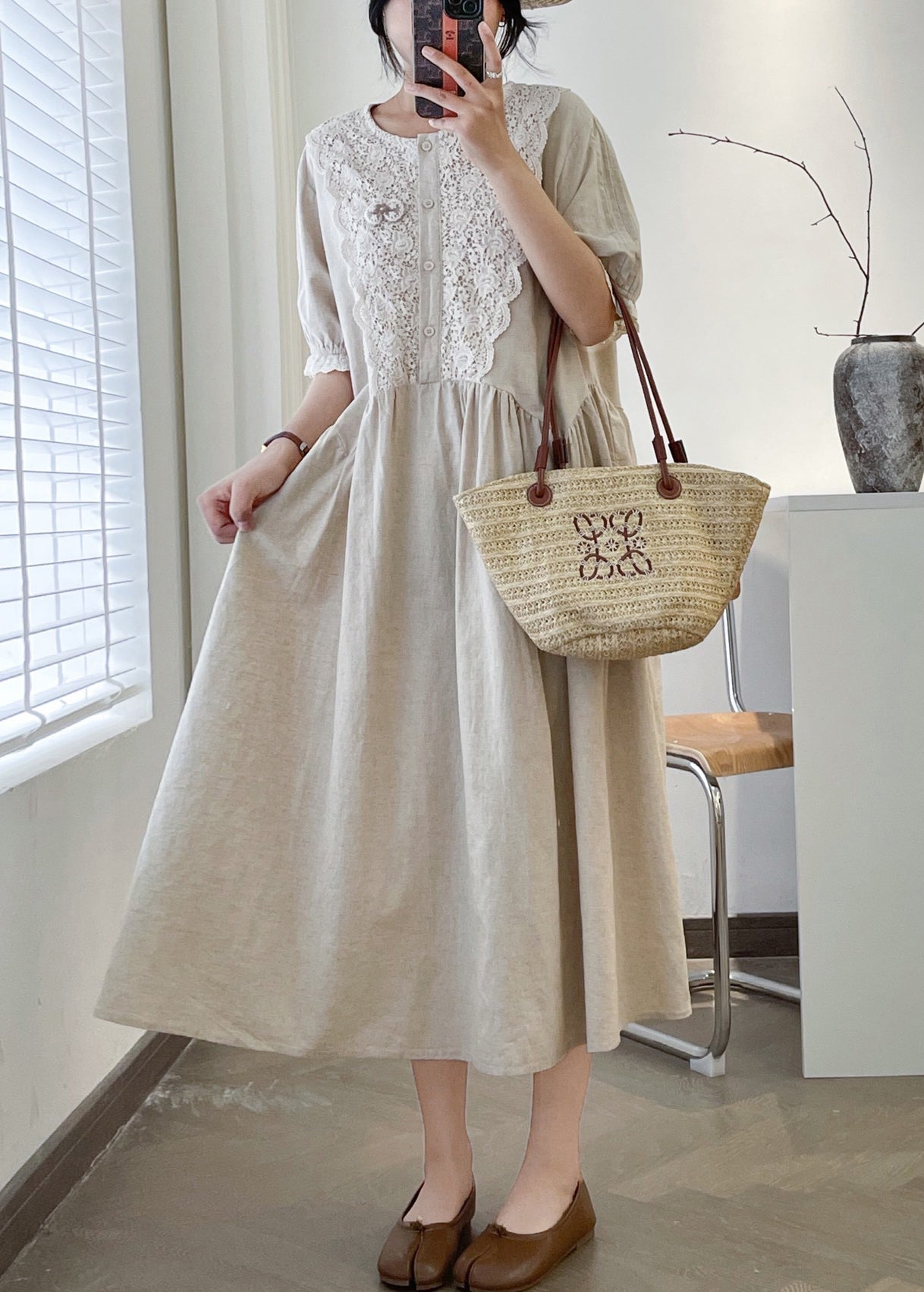 Loose Linen O Neck Lace Patchwork Linen Long Dresses Summer GG049