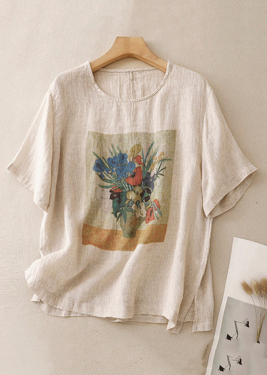 Loose Linen O Neck Print Side Open Linen T Shirts Summer GG024