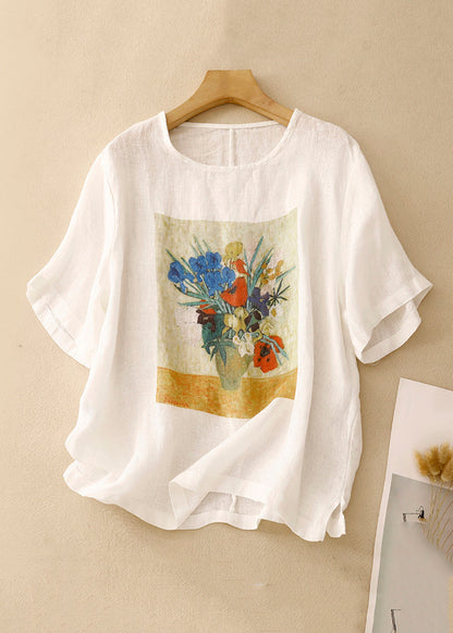 Loose Linen O Neck Print Side Open Linen T Shirts Summer GG024