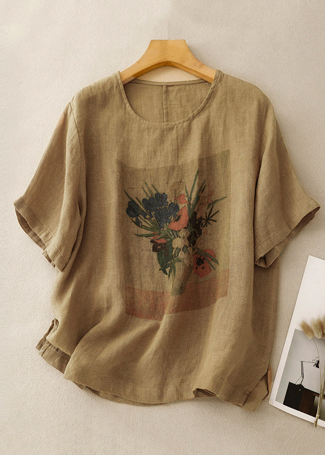 Loose Linen O Neck Print Side Open Linen T Shirts Summer GG024