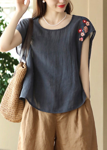 Navy Summer Shirts O Linen Neck T Loose Embroidered