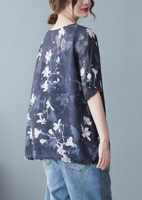 Loose Navy O Neck Print Linen T Shirts Summer JH020