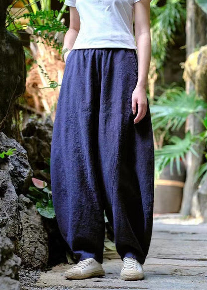 Pantalon en lin bleu marine ample avec poches et taille élastique pour l'été QK008