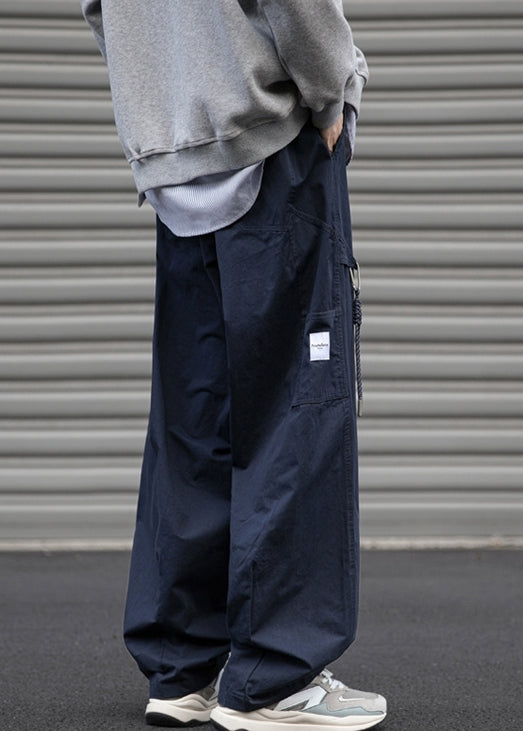 Drawstring Navy Pants Pockets Solid Mens Cotton Spring Loose