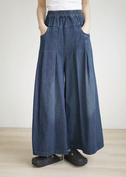 Pantalon large en denim froissé avec poches bleu marine amples pour l'été BV084