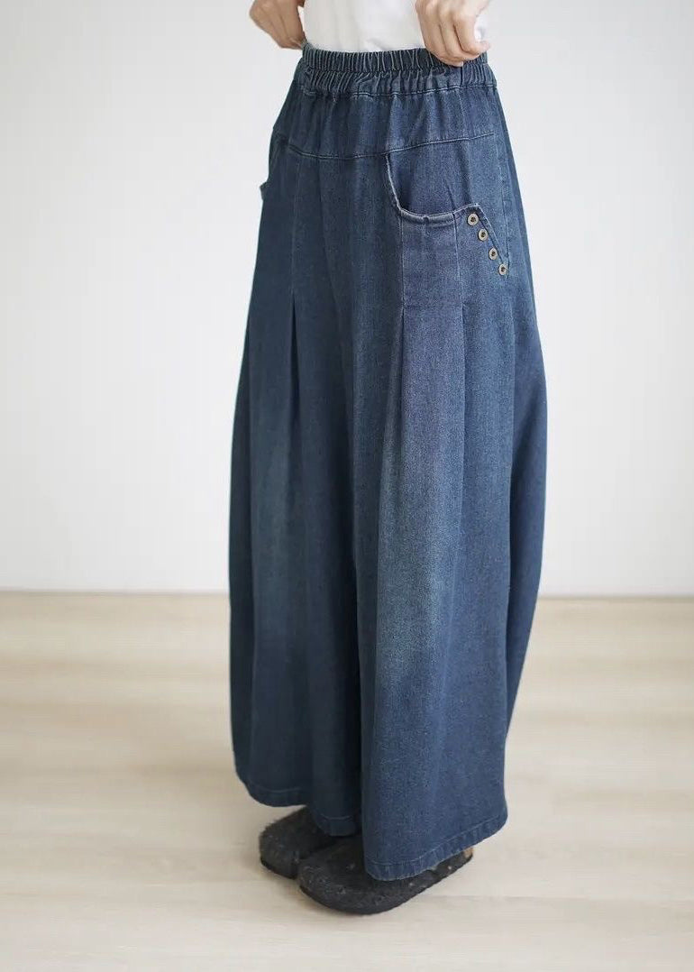 Lockere, marineblaue, zerknitterte Denimhose mit weitem Bein und Taschen für den Sommer BV084