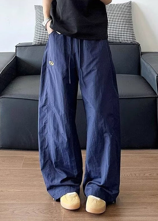 Pantalon élastique bleu marine ample été taille unie coton homme