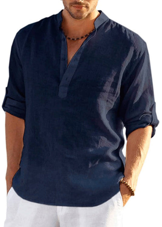 Cotton Navy Fall Loose Collar Shirts Button Solid Stand Mens