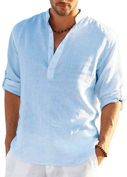 Cotton Navy Fall Loose Collar Shirts Button Solid Stand Mens