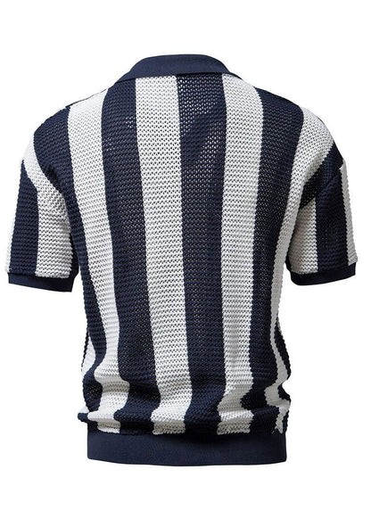 Striped Shirt Polo Knit And Loose Men Hollow Navy Out
