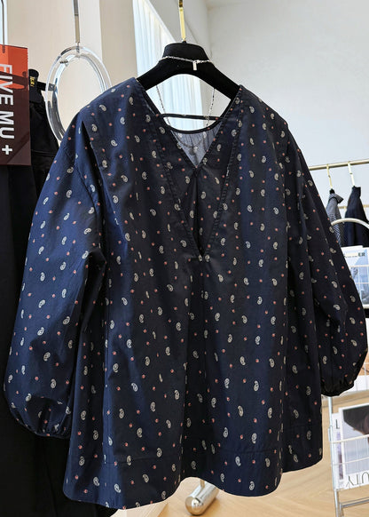 Fall Cotton Loose Print V Shirts Neck Navy