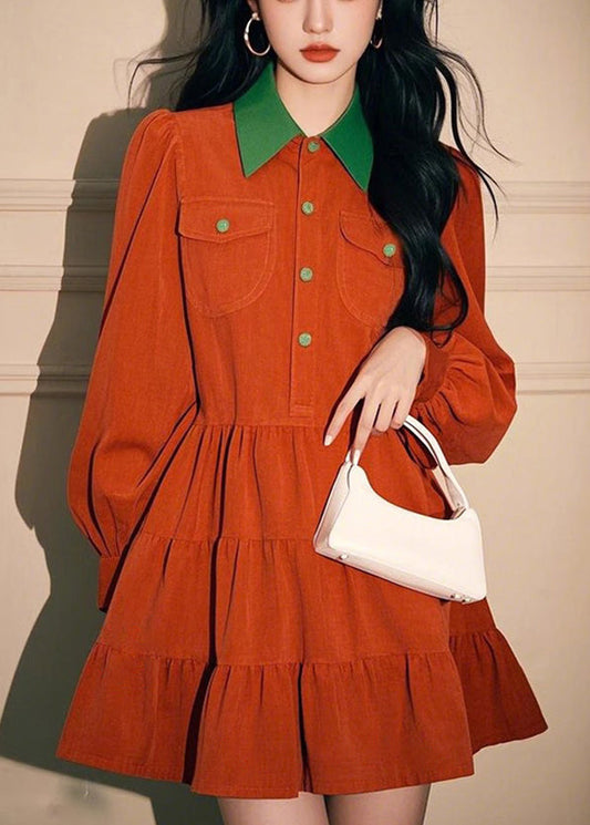 Kleid Pan Orange Frühling Knopf Cord Peter Shirts Lose Kragen