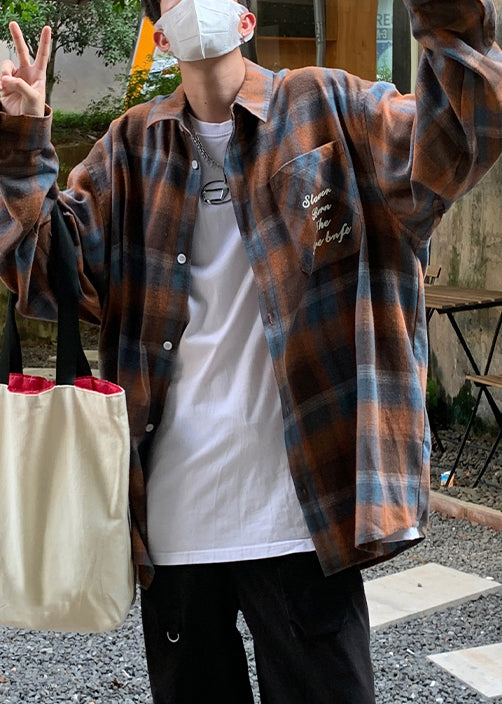 Kragen Hemd Lose Orange Peter Plaid Pan Frühling Baumwolle Männer