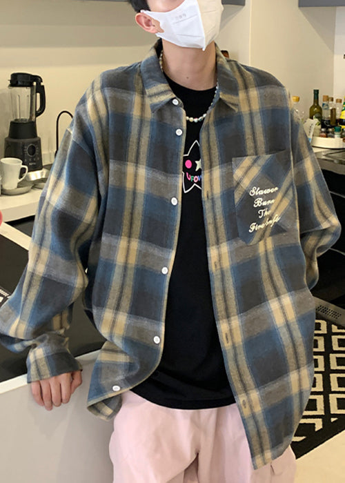 Chemise à col ample orange à carreaux Peter Pan en coton pour homme