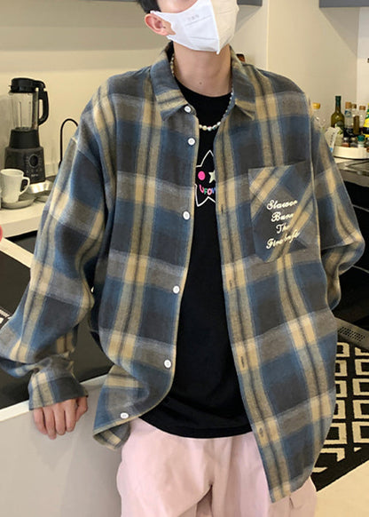 Chemise à col ample orange à carreaux Peter Pan en coton pour homme