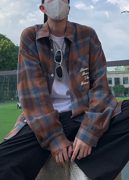 Chemise à col ample orange à carreaux Peter Pan en coton pour homme