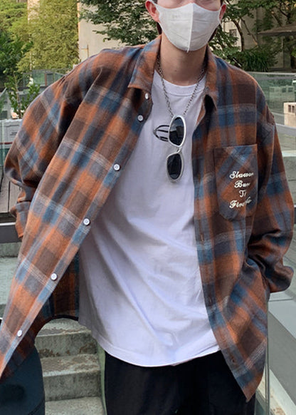 Chemise à col ample orange à carreaux Peter Pan en coton pour homme