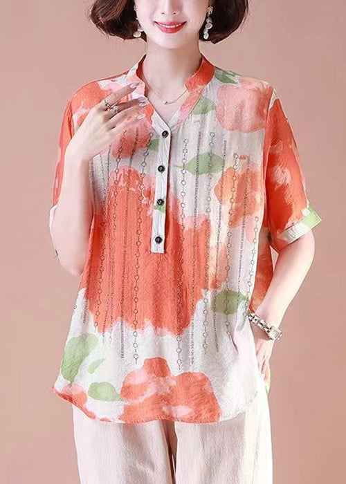 Loose Orange Print Button Cotton T Shirt Summer OP1085