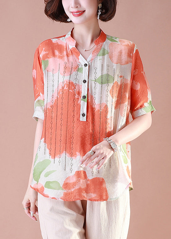 Loose Orange Print Button Cotton T Shirt Summer OP1085