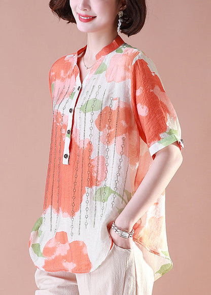 Loose Orange Print Button Cotton T Shirt Summer OP1085