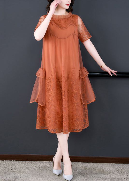 Loose Orange Ruffled Embroidered Tulle Dress Summer OP1022