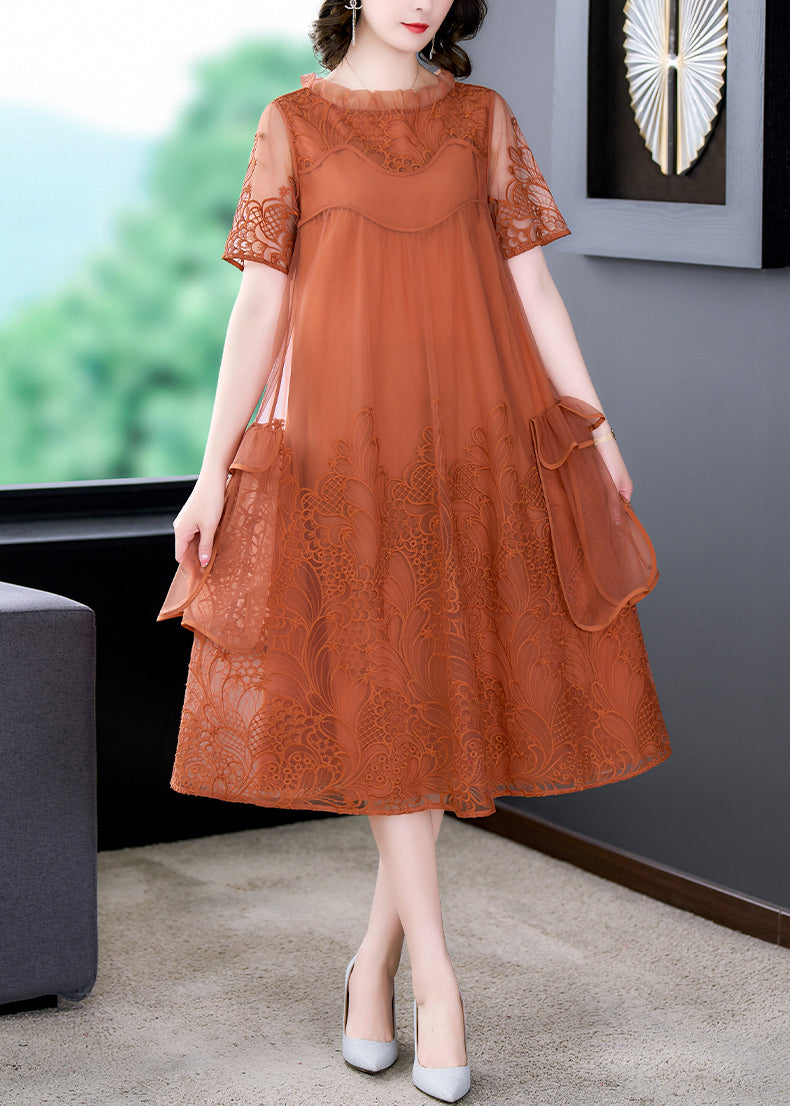 Loose Orange Ruffled Embroidered Tulle Dress Summer OP1022