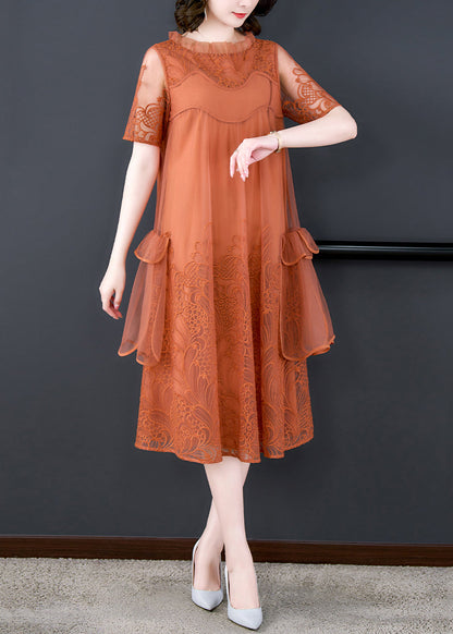 Robe ample en tulle brodé à volants orange pour l'été OP1022