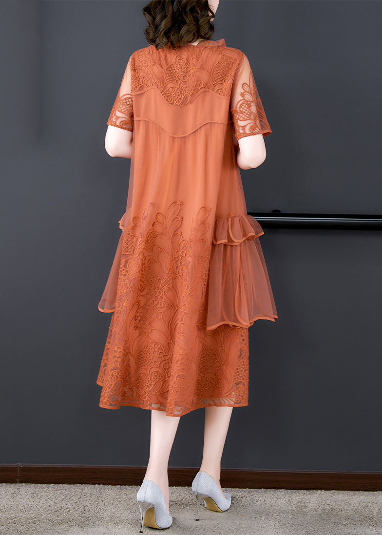 Loose Orange Ruffled Embroidered Tulle Dress Summer OP1022