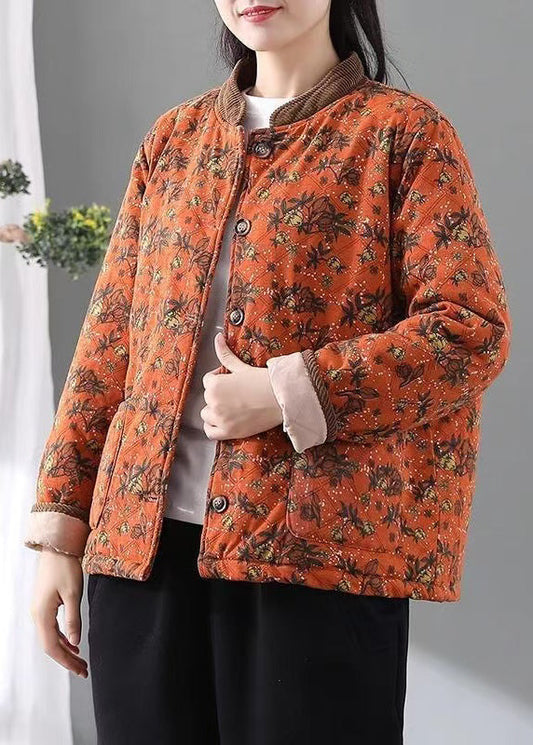 Lose Orange Stehkragen Taschen Druck Feine Baumwolle Gefüllte Jacke Frühling TI016