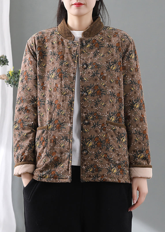 Lose Orange Stehkragen Taschen Druck Feine Baumwolle Gefüllte Jacke Frühling TI016