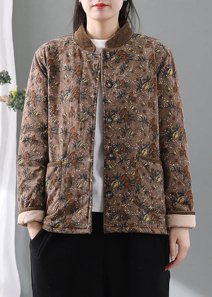 Lose Orange Stehkragen Taschen Druck Feine Baumwolle Gefüllte Jacke Frühling TI016