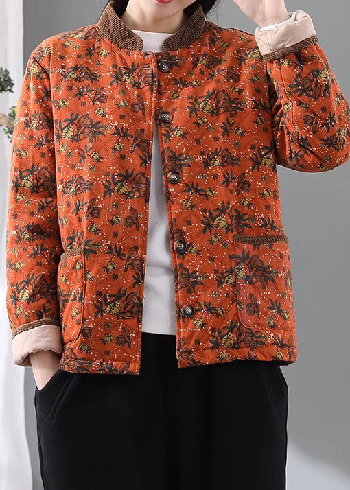 Lose Orange Stehkragen Taschen Druck Feine Baumwolle Gefüllte Jacke Frühling TI016