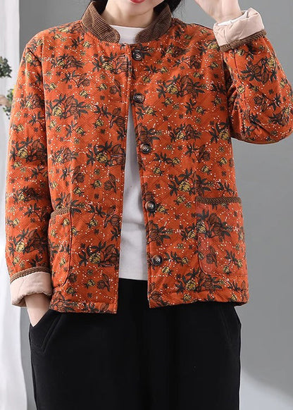Lose Orange Stehkragen Taschen Druck Feine Baumwolle Gefüllte Jacke Frühling TI016