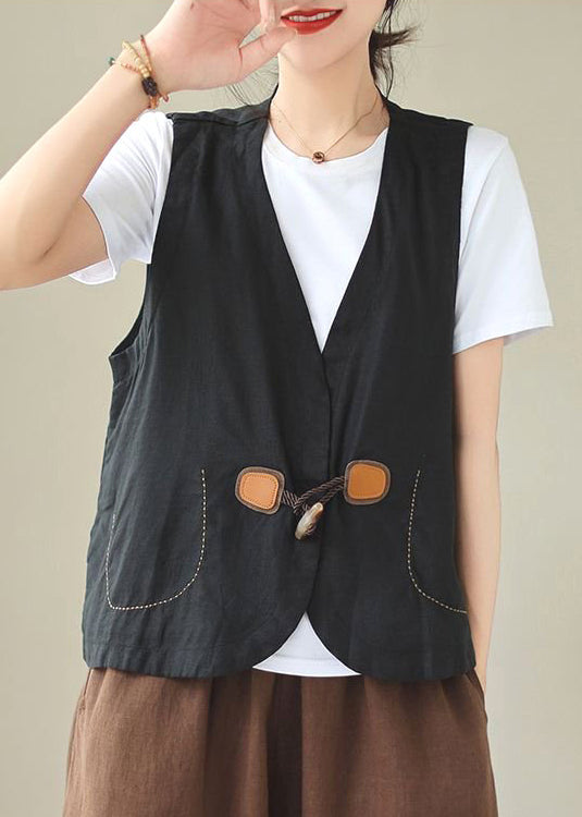 Neck Sleeveless Waistcoat Loose Linen V Button Orange