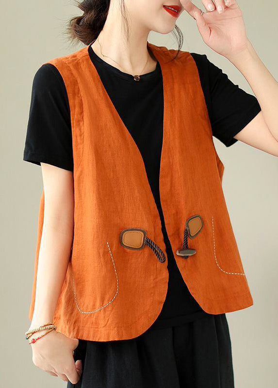 Neck Sleeveless Waistcoat Loose Linen V Button Orange
