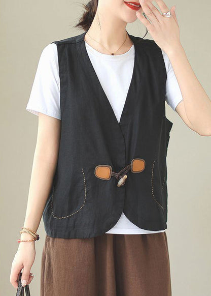 Neck Sleeveless Waistcoat Loose Linen V Button Orange