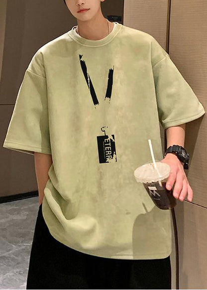 Print Loose Pea Shirts Summer Faux Neck Green Men T Suede O