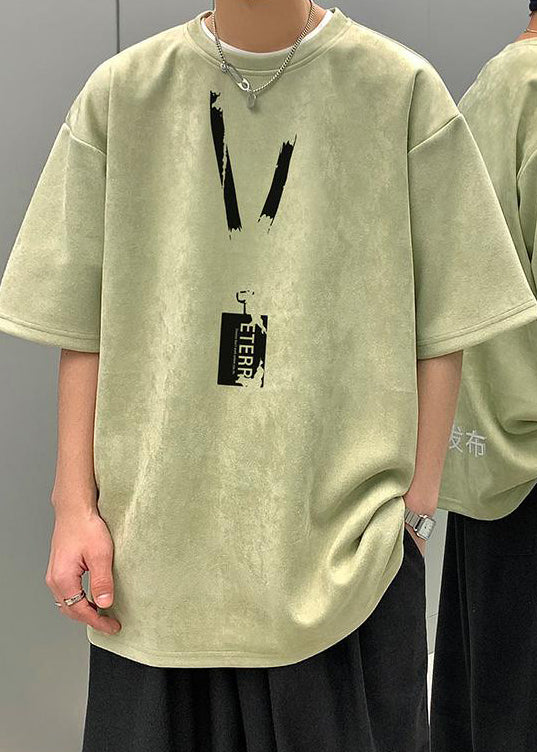 Print Loose Pea Shirts Summer Faux Neck Green Men T Suede O