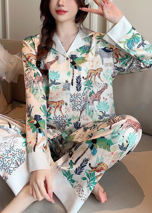 Loose Photo Color Peter Pan Collar Print Ice Silk PajamasTwo Pieces Set Spring YK006